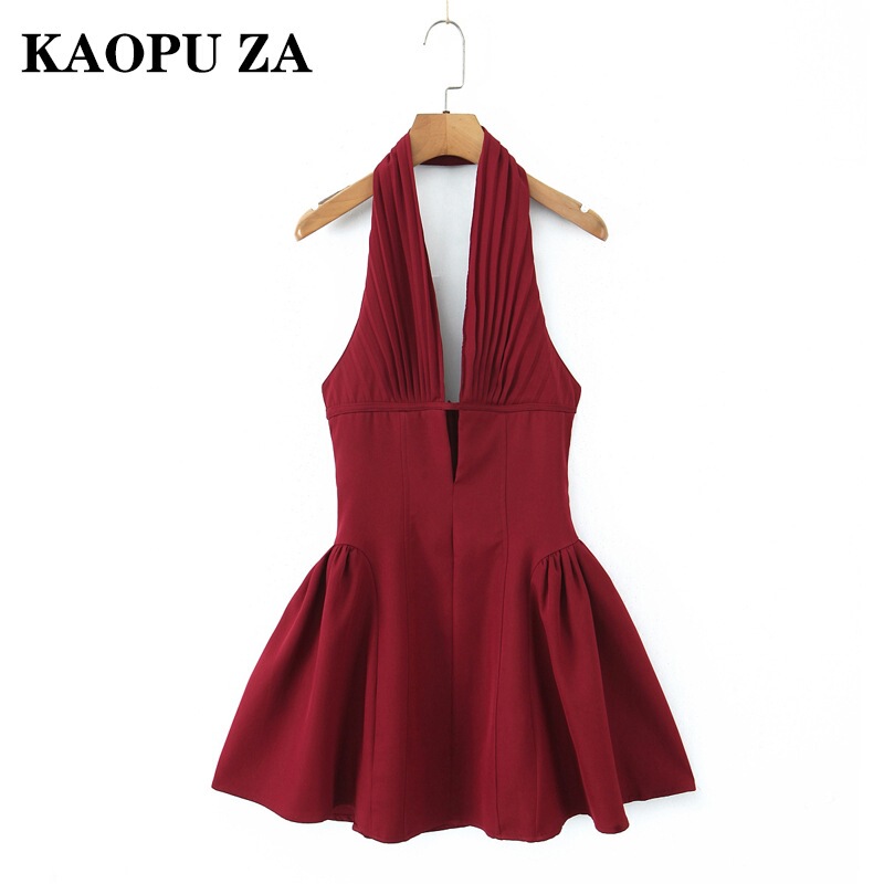 Kaopu Za European and American Sexy V-Neck Halter Coat Dress 2025 Spring and Summer New Solid Color Sleeveless Waist-Cinching Dress