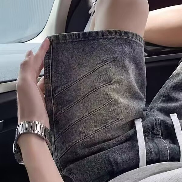 Washed Pleated Denim Shorts Men's Summer Wear Shark Gills Drawstring Five-point Pants Cleanfit Casual Pants_viptrois.com