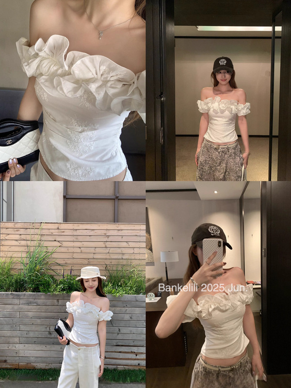 辣妹风一字肩条纹花边衬衫女2025夏季新款设计感修身显瘦别致上衣|undefined