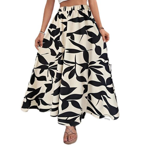 Ins Stretch Waist Printed Long A- line Skirt Summer High-end Elegant Commuter Draped Skirt Women's Dress
