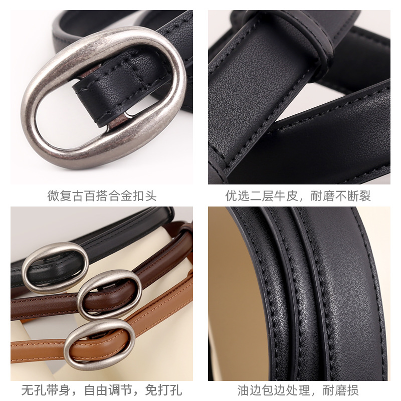 2025 New Genuine Leather Oval Buckle Slim Belt Decorative High-End Vintage Waist Belt For Jeans Women Ready Stock Wholesale - Thumbnail 3