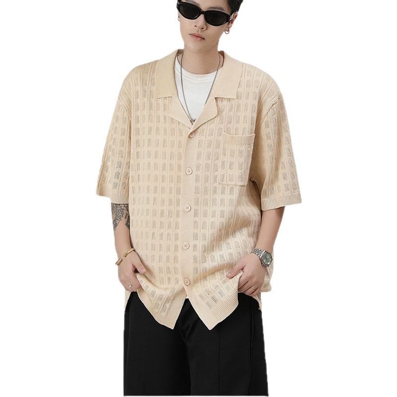 Suéter de manga corta con solapa de comercio exterior de verano Camisa de punto de moda de pareja europea y americana Cárdigan con botones casuales para hombres POLO