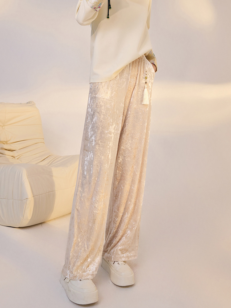 Quần ống rộng nhung lụa kiểu Trung Quốc mới, jacquard màu trơn, phong cách văn nghệ — Màu đen, Màu vàng, Màu hồng, Màu mơ