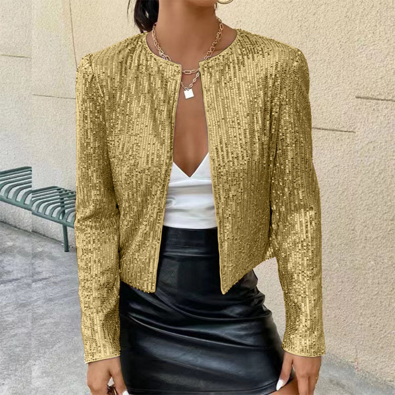 280g Weight Casual Jacket Outerwear Type Long Sleeve Sleeve Length Polyester Fabric Type Regular Top Length Coat Tops Type Holiday, Party Occasion Round Neck Neckline Slim Fit Type Solid Color Pattern Spring, Autumn Season Women's Gender Sequins Design Streetwear Style Women's Streetwear Solid Color Sequins Coat Casual Jacket 6