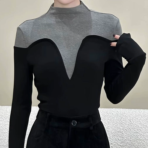 Новая женская футболка с длинным рукавом, сшитая из разных материалов, на флисовой подкладке, утолщенная базовая футболка, серая женская футболка.