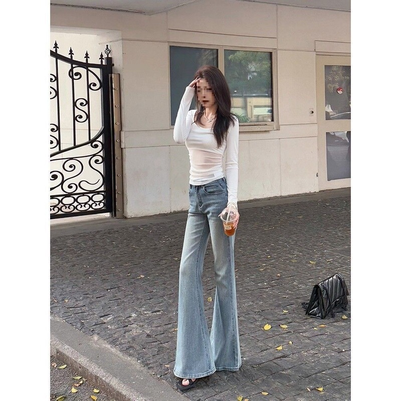 Summer New Style 2026 Retro Blue Flared Jeans Low-Waist Non-Tight-Fitting Slimming Pants Women's Light Blue Regular Fit Summer New Style 2026 Retro Blue Flared Jeans Low-Waist Non-Tight-Fitting Slimming Pants Women's Light Blue Regular Fit