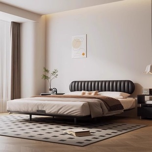 Suspended Leather Bed Black Mid-Century Style Master Bedroom High-End Atmospheric First-Layer Cowhide Bed 1.8m Light Luxury Upholstered Wedding Bed