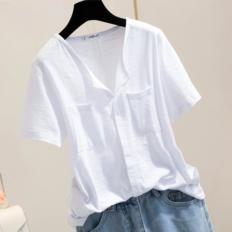 Slub Cotton Short-sleeved T-shirt Women's Korean-style Loose plus size Casual Pocket Half-sleeved Solid Color Western Style Bottoming Top