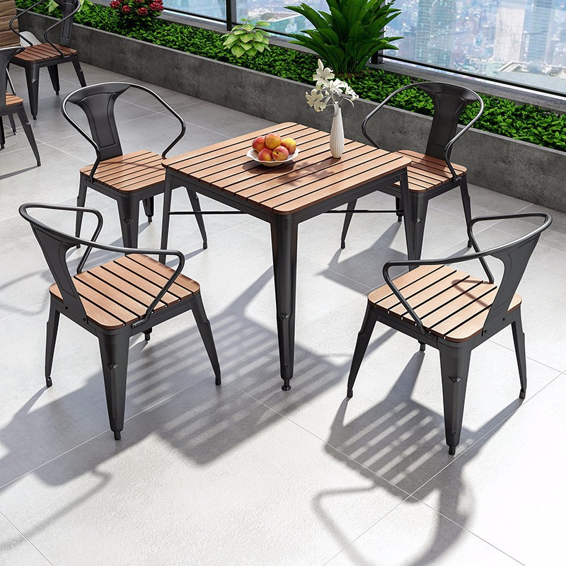 Iron Outdoor Table and Chair Courtyard Barbecue Table Waterproof Sunscreen Balcony Casual Dining Table and Chair Plastic Wood Outdoor Table and Chair Combination 