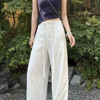 白色亚麻窄版阔腿裤女2026夏季新薄款高腰显瘦宽松透气拖地长裤子