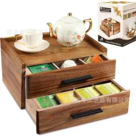 跨境木质茶包收纳盒茶水间咖啡胶囊收纳盒抽拉式分格茶包收纳盒