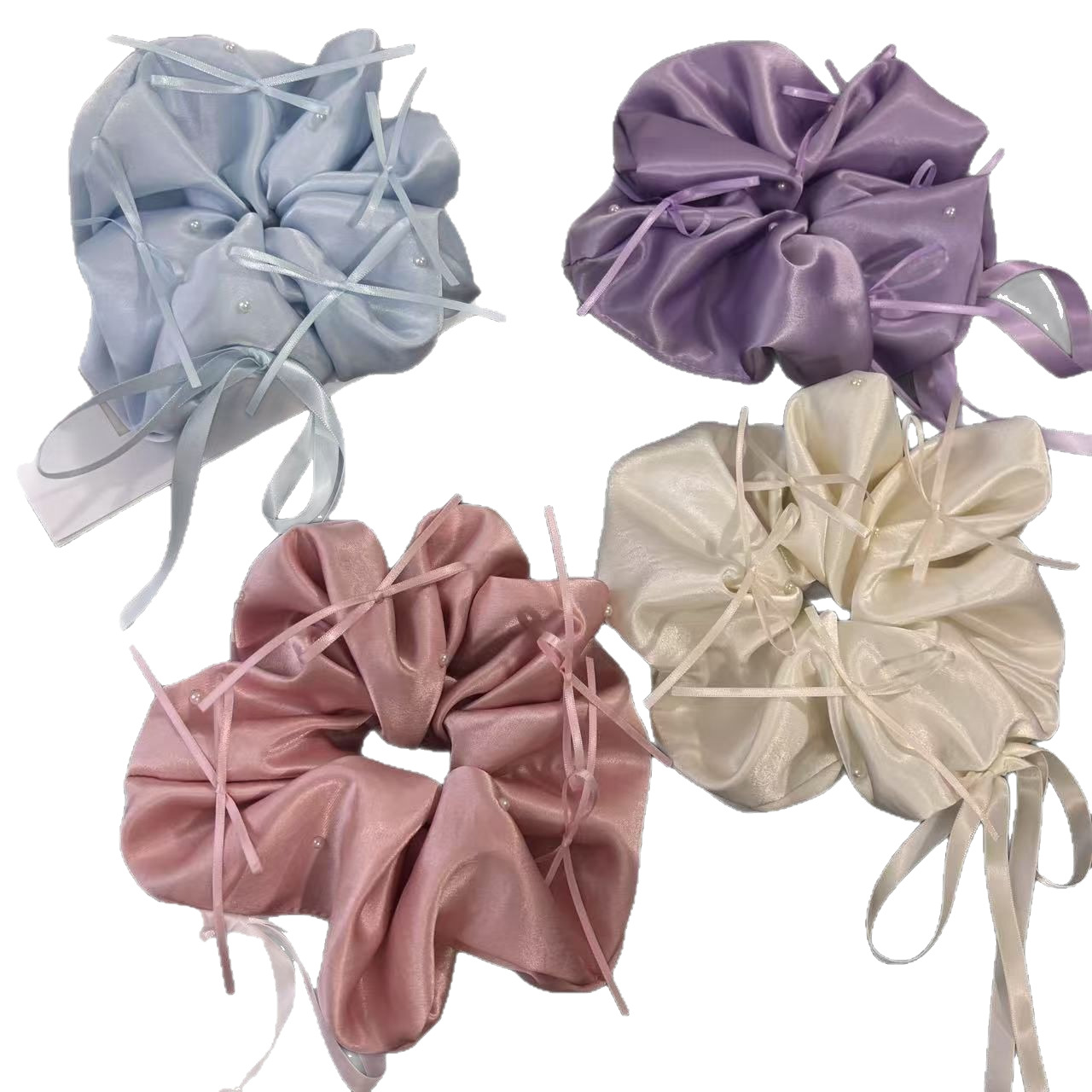 Schleifen Haargummi Mit Perlen Aus Blauem Satin Für Damen_voghion.com