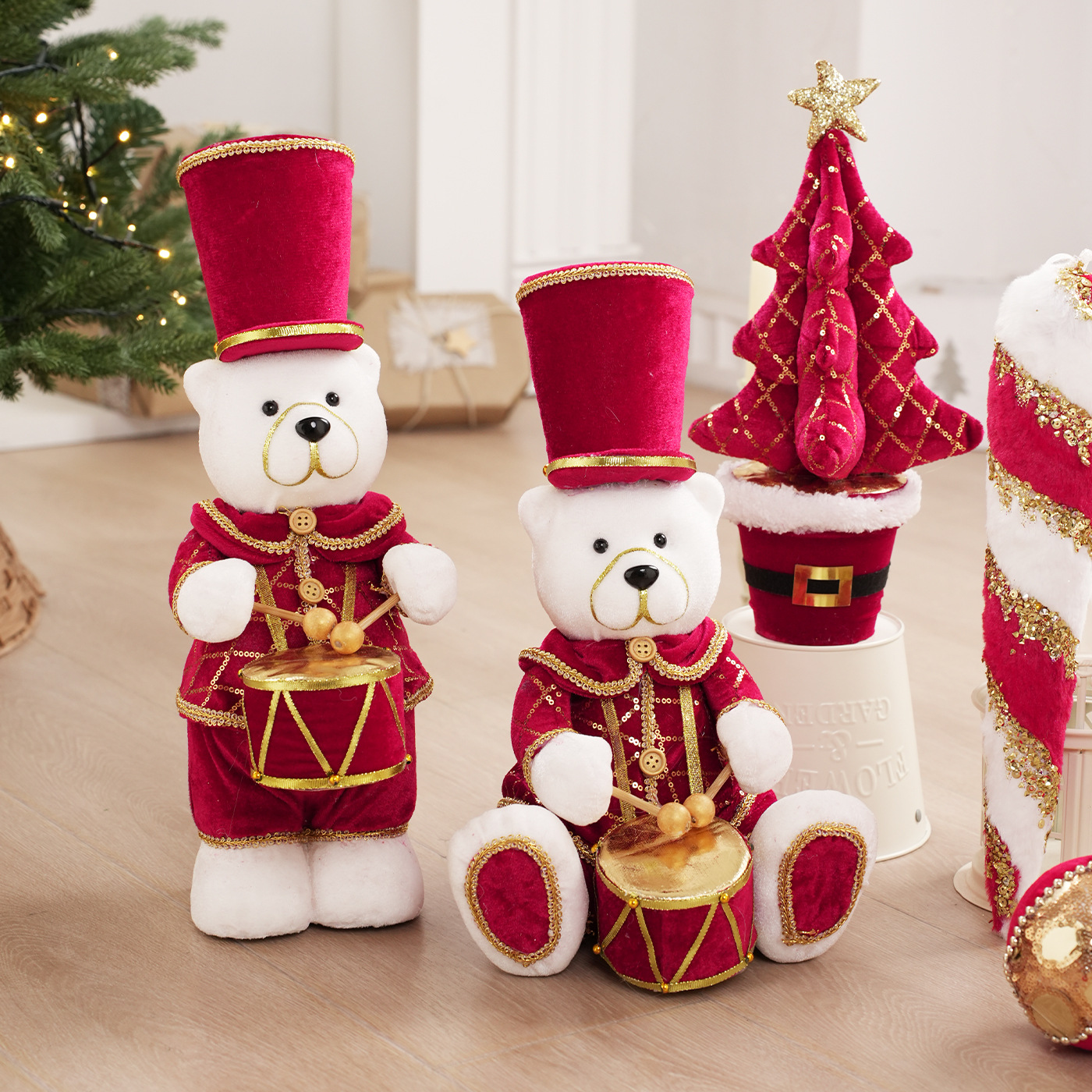 Rojo y blanco tela de peluche banda de espuma osos alces decoración de mesa muñeca muñeca