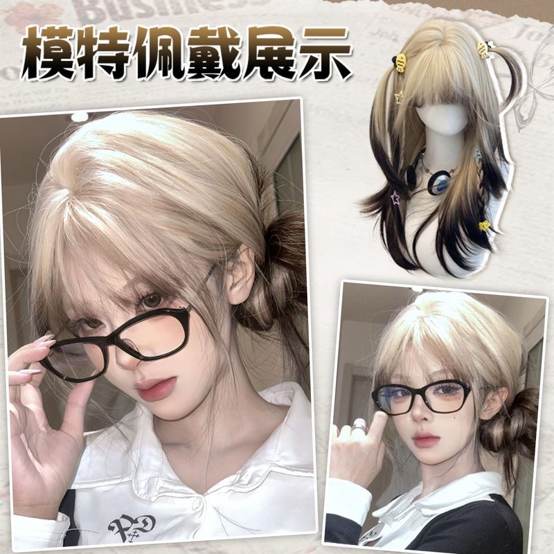 暹罗猫假发女长发全头套式Lolita巴黎画染白金渐变黑亚文化长直发|undefined