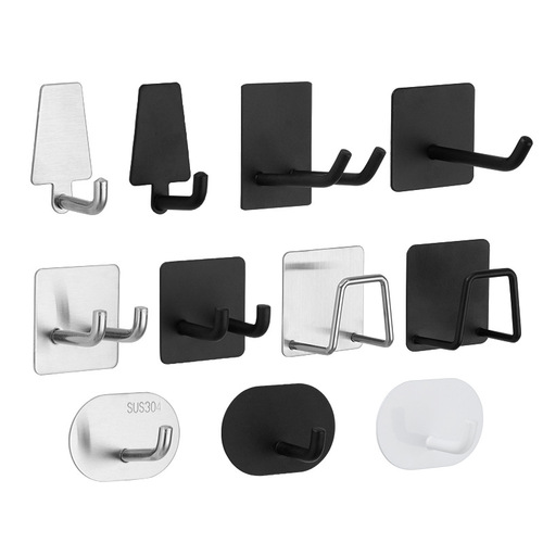 Cross-border 304 stainless steel coat hooks, multi-style self-adhesive hooks, black hooks, punch-free coat hooks, metal coat hooks
