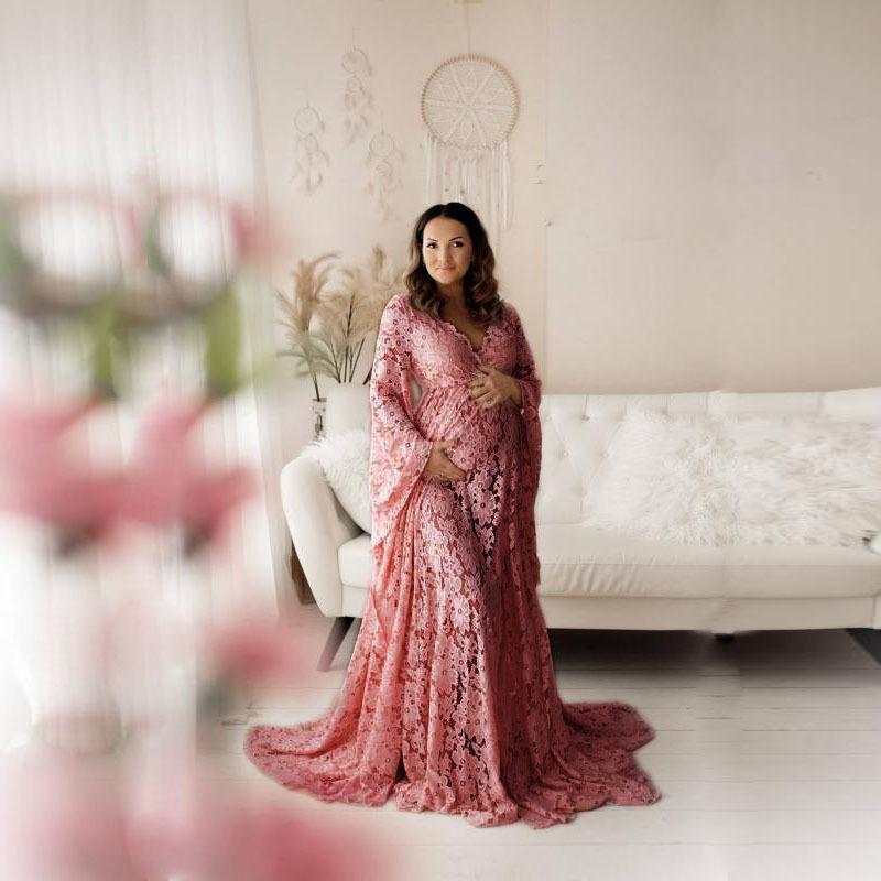 Cross-border Foreign Trade Long Mesh Lace Deep V Large Skirt Maternity Trumpet Sleeve Lace Trailing dress