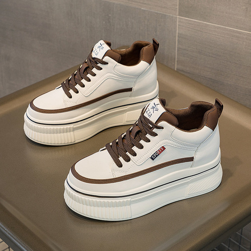 2024 spring and summer new style inner heightening thick sole casual breathable lace-up women's mesh shoes wedge heel genuine leather white shoes for women