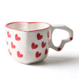 情人节复古粉色情侣爱心陶瓷杯带平盖印LOGO可爱红色陶瓷水杯