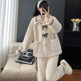 Non-Returnable Bow Pajamas for Women, Autumn and Winter Coral Velvet Home Clothes, Flannel, Thickeneded and Velvet, Sweet Winter