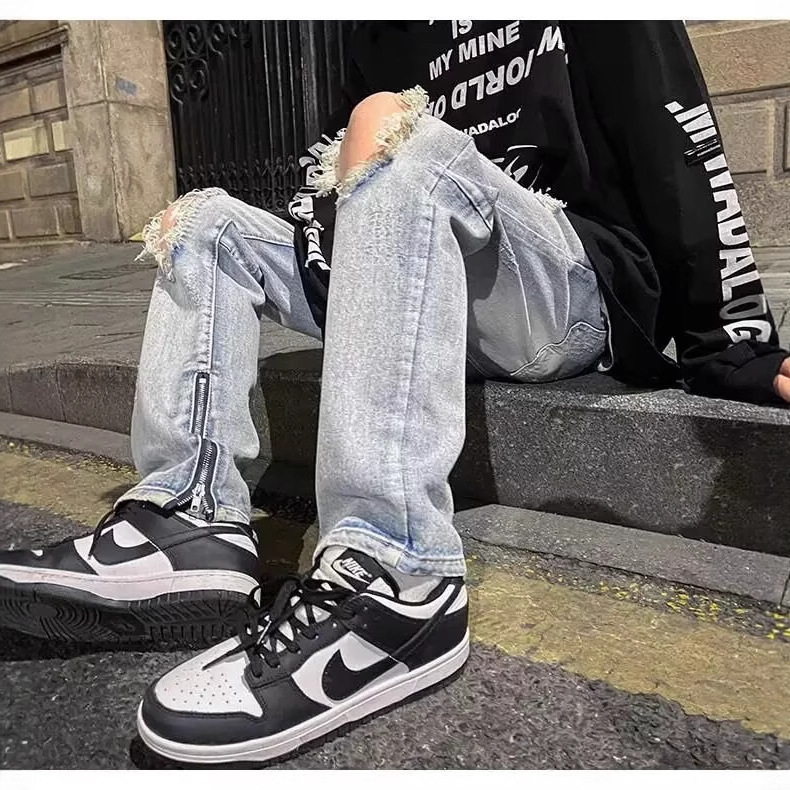 High Street Versatile Trendy Brand Ripped Jeans for Men Summer European and American Street Loose Handsome Straight Casual Pants Wide Leg Pants