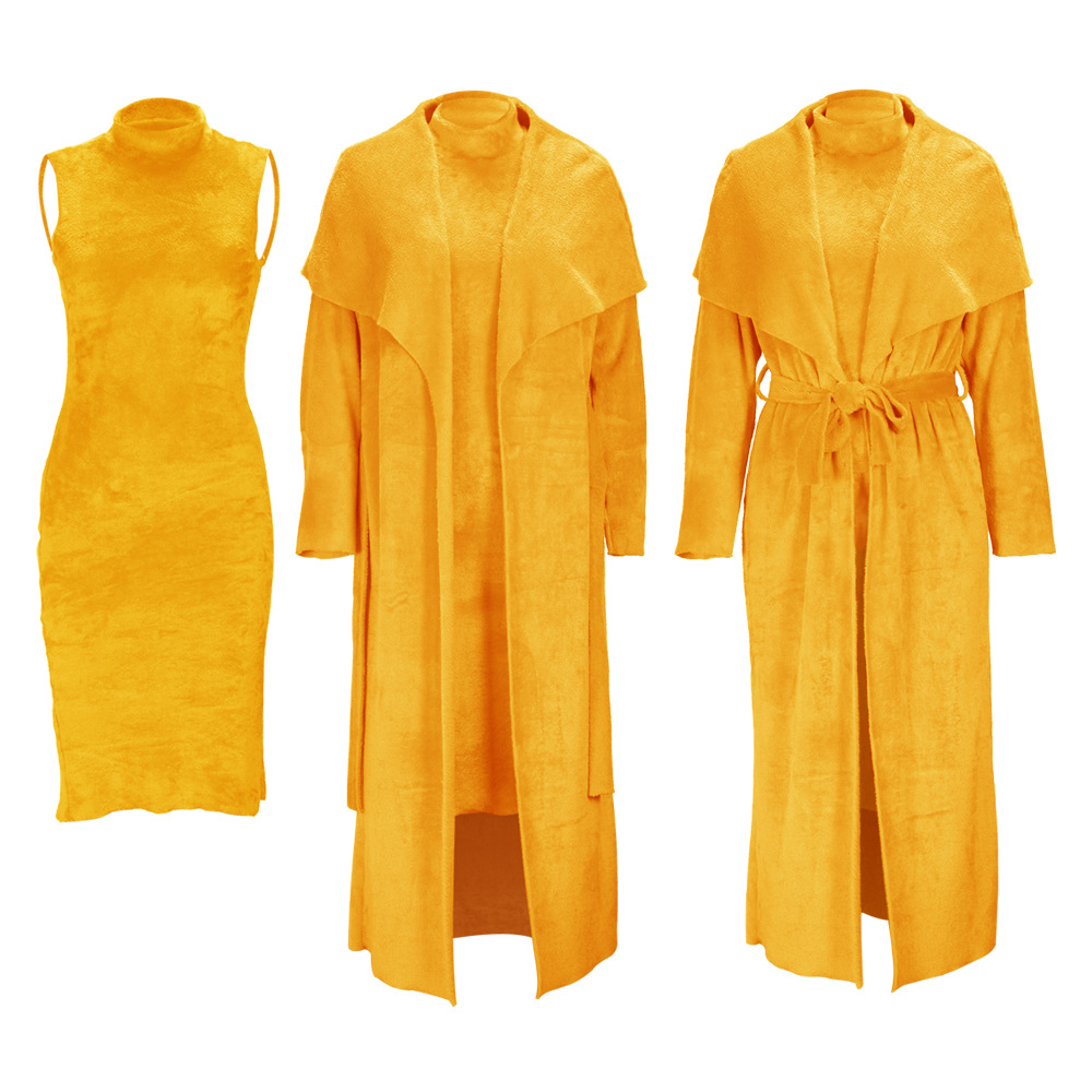 Completo due pezzi donna vestito in velluto e cardigan lungo_voghion.com