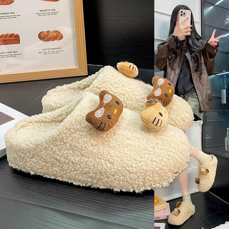 卡通可爱凯蒂猫包头棉拖鞋女外穿秋冬新款平底居家防滑保暖毛毛拖