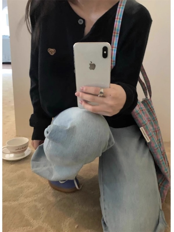 甜美清新风小熊刺绣针织毛衣外套女早秋新款百搭宽松圆领长袖开衫|undefined