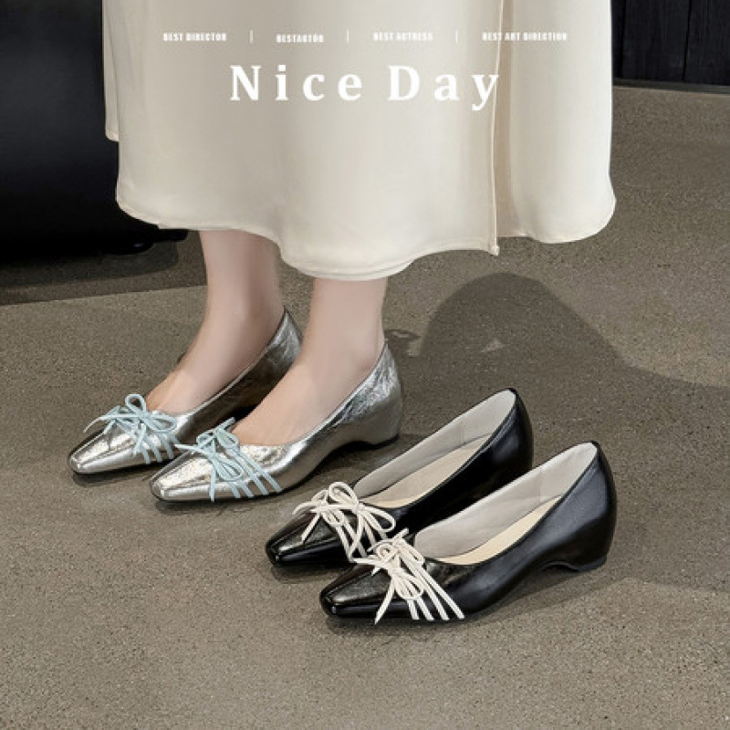Princess Kelly~Sweet Korean-Style Bowknot Shallow-Mouthed Single Shoes for Women, Versatile Height-Increasing Mary Jane Shoes, Small Leather Shoes for Women