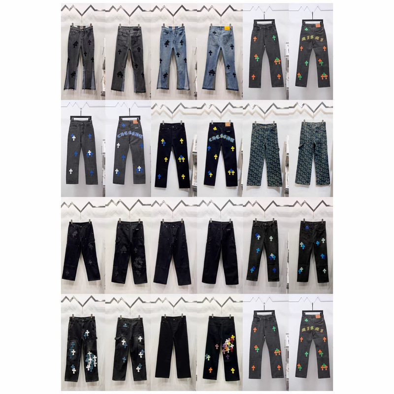 Authentic Ch Chrome Hearts Cross Leather Label Washed Jeans Couple Street Style Loose Denim Pants Wholesale Authentic Ch Chrome Hearts Cross Leather Label Washed Jeans Couple Street Style Loose Denim Pants Wholesale