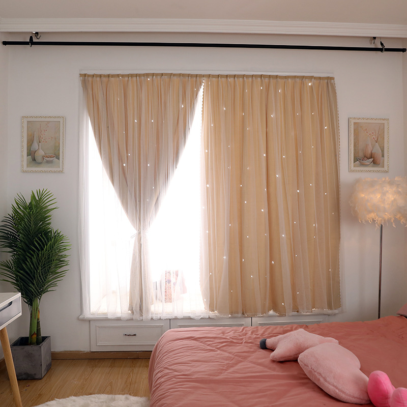Fábrica directa red hueco estrella velcro cortina dormitorio libre de perforación instalar tipo autoadhesivo simple