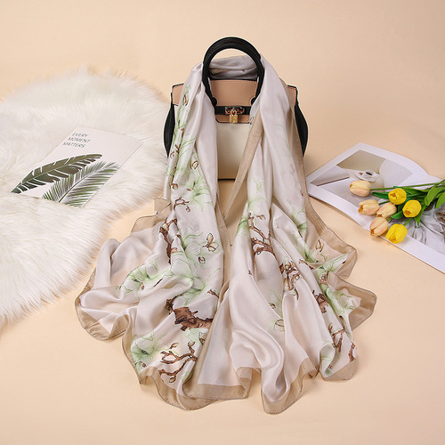 21 spring and summer elegant silk scarf sun protection scarf large shawl for women wholesale satin beach long scarf printed shawl