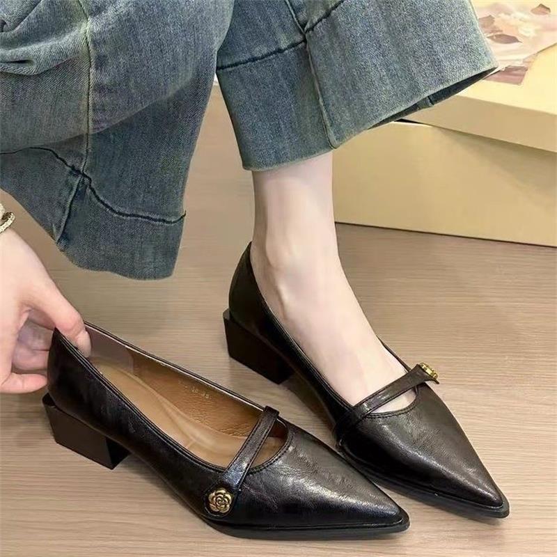 2026 retro superficial francesa tacones altos puntiagudos camelina hebilla de tacones gruesos temperamento universal zapatos de mujer