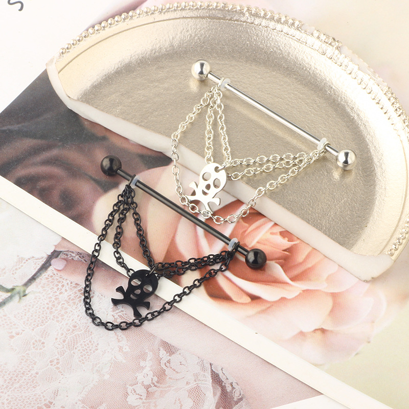 14G Star Zircon Industrial Barbell Earring - Stainless Steel Black Skull Long Earring for Cartilage Piercing detail image 7