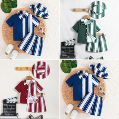 24 新しい夏のスタイルのベビー男の子ストライプカラーブロックトップ + ショートパンツ + 帽子 3 点セットヨーロッパとアメリカのクロスボーダー子供スーツ