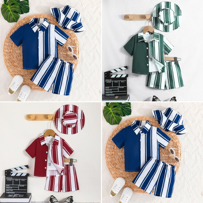 24 新しい夏のスタイルのベビー男の子ストライプカラーブロックトップ + ショートパンツ + 帽子 3 点セットヨーロッパとアメリカのクロスボーダー子供スーツ|undefined