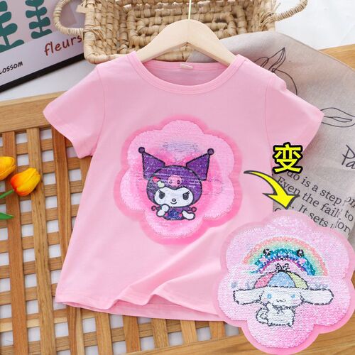 Girls summer thin Korean style T-shirt children's watermelon double-sided color-changing sequin short-sleeved 2024 children's clothing big children's tops