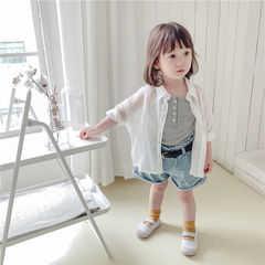 Summer Girls' Long-Sleeve Shirt Baby Stylish Children's Personality Trend Fashion Korean Version Solid Color Outerwear Sun Protection Shirt