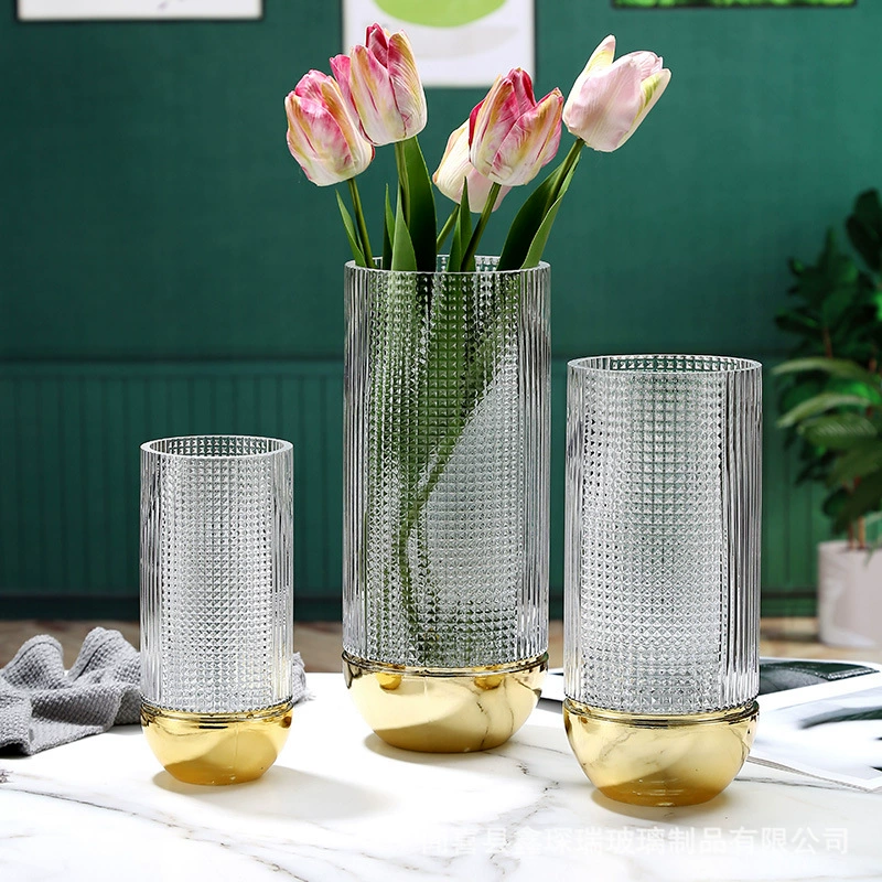 Nordic Entry Роскошная стеклянная ваза с тиснением и ромбовидным узором Позолоченная основа Обеденный стол Гидропонные Цветочные украшения в украшении