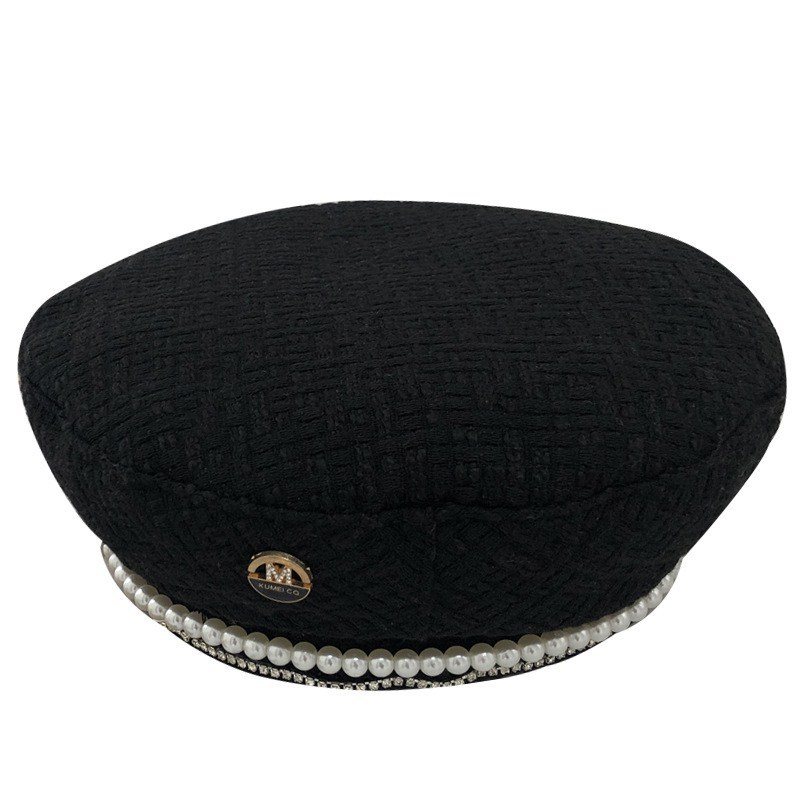 Fashionable trendy pearl beret for women, black internet celebrity, small fragrance, socialite, bud hat, Korean style,_voghion.com