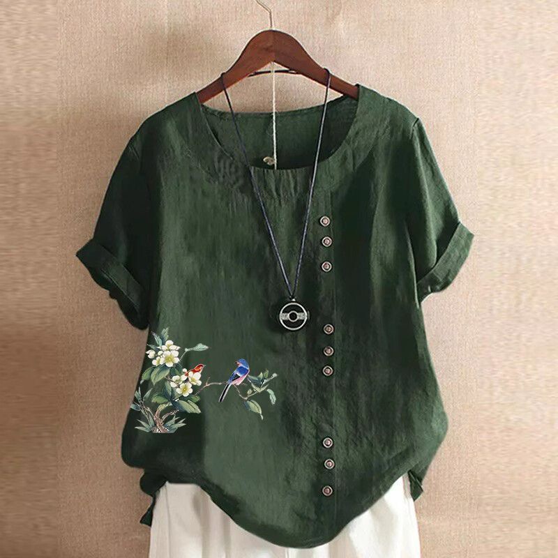 綿麻半袖Tシャツ夏ゆったり大きいサイズ婦人服レトロスタイルプリントボタンシャツシャツトップTシャツ|undefined