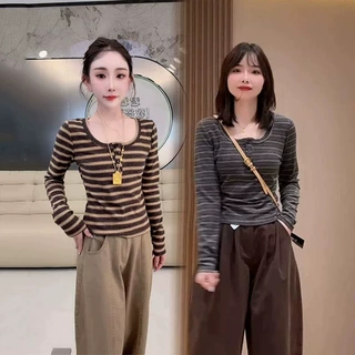 撞色条纹打底衫女2026秋季修身显瘦U领长袖T恤女秋季穿搭女装韩系