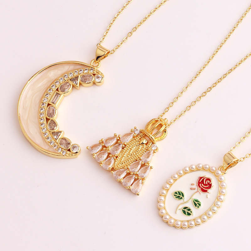 Fashion Moon Rose Flower Copper Enamel Plating Inlay Artificial Pearls Zircon Pendant Necklace 1 Pie