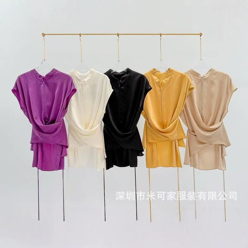 Elegant and Stylish Asymmetrical Cross-Tie Cupro Silk Top for Women, New Summer Style with Stand Collar and Zipper, Sleeveless Shirt