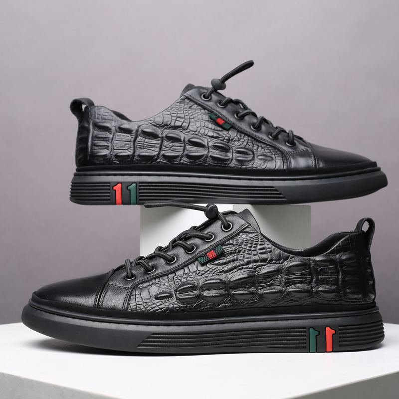 Herren Freizeitschuhe Aus Echtleder In Weiß Mit Krokodilprägung_voghion.com
