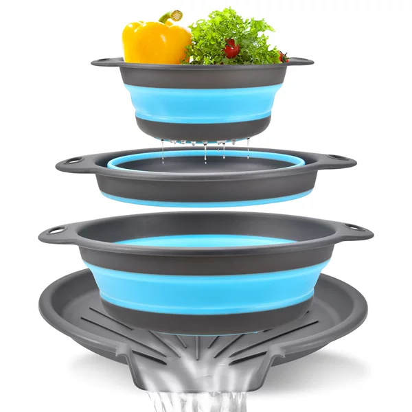 Double-Ear Foldableing Drain Basket, Vegetable Basin, Kitchen Vegetable Basket, Portable and Easy to Store Fruit Basket with Base, Telescopic Drain Basket