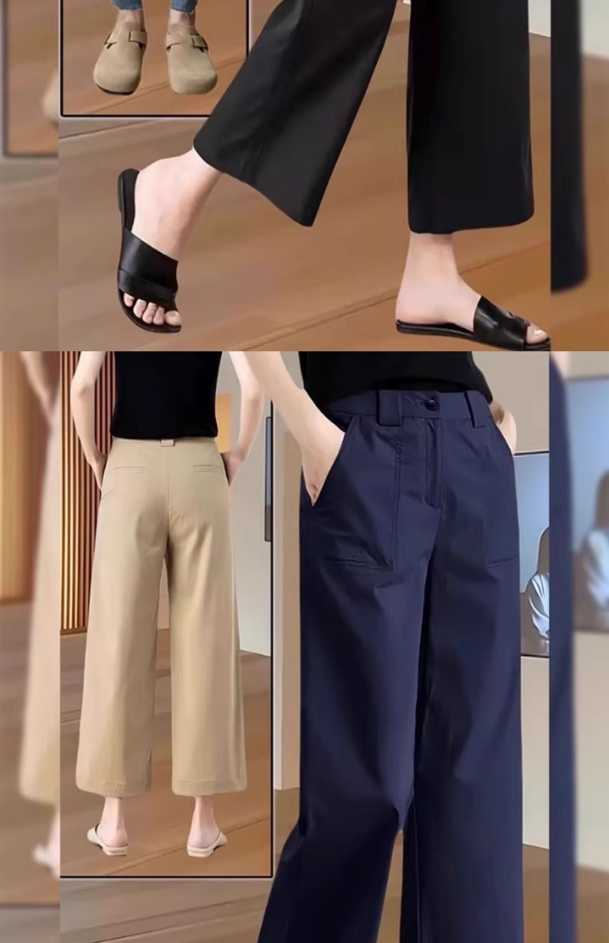 Quần culottes nữ ống rộng cạp cao dáng suông dài 9 phần vải mỏng mùa hè — Xanh lông mòng đen chi tiết 3