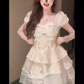 甜美蝴蝶结蓬蓬连衣裙女收腰显瘦夏季小个子超仙约会网纱蓬蓬短裙