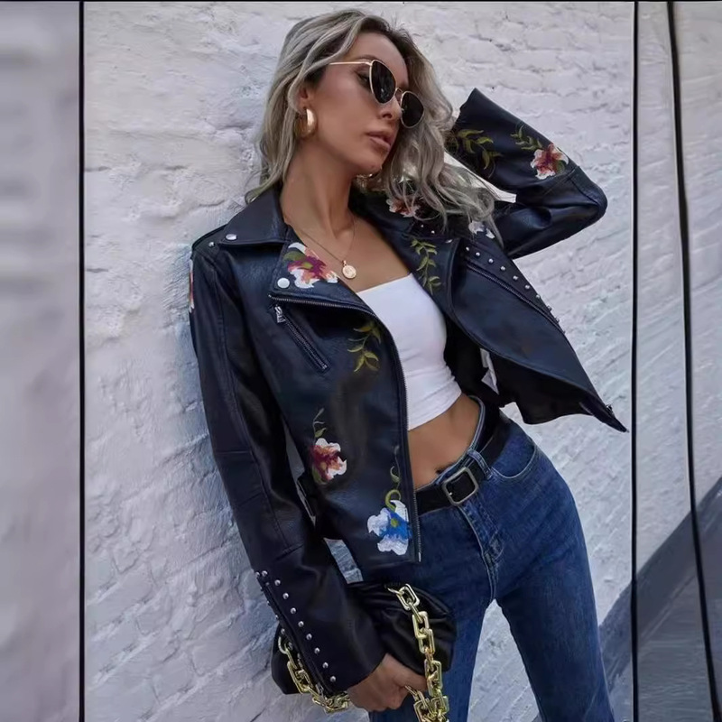European and American Cross-Border 2025 Spring and Autumn New Style Mature Temperament Studded Embroidered Pu Heavy Metal Fashion Women's Leather Jacket