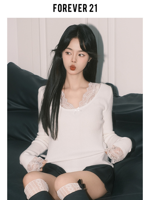 Forever21纯欲杏色蕾丝拼接V领上衣女秋冬法式打底长袖修身针织衫|undefined