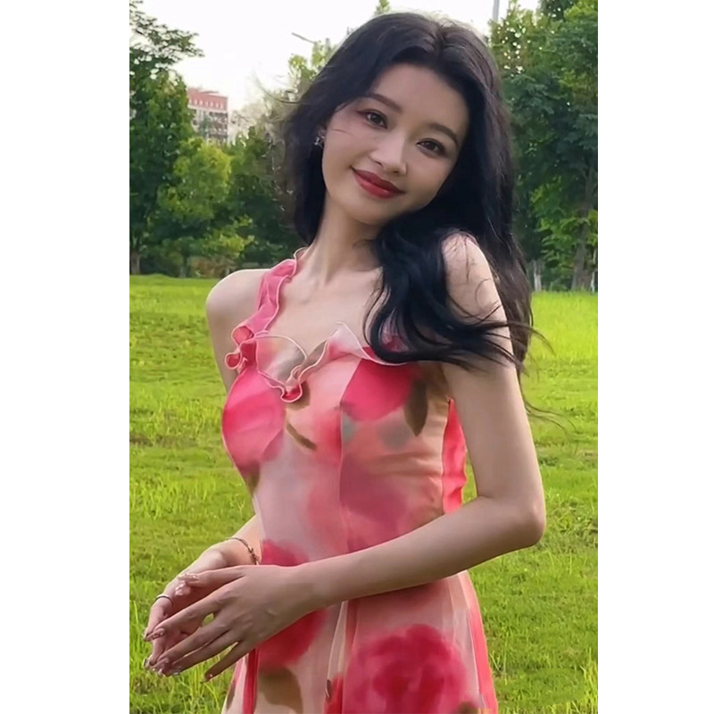 In-Stock 734 Summer New 2023 Sun Yi Style Romantic Rose Square Neck Ruffle Vacation Long Dress